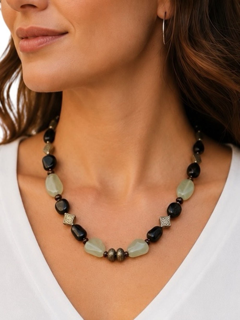 925 Silver Artisan Chalcedony Obsidian Garnet Stone Beaded Necklace 22”